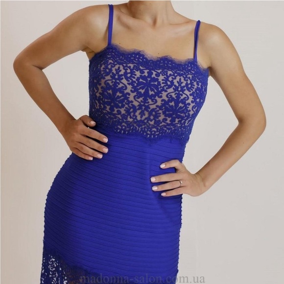 Tadashi Shoji Strapless Lace Inset Pintuck Jersey Gown in Royal Blue - Picture 2 of 7